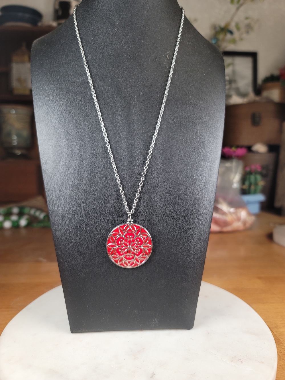 paparazzi Silver-Tone Necklace with Red Floral Medallion